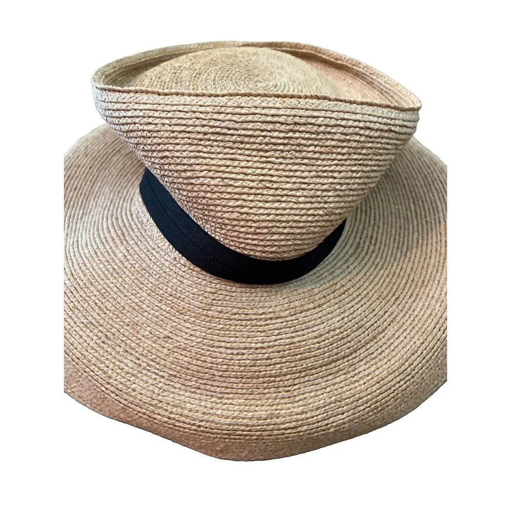 Annabel Ingall Tan Straw Sun Hat Wide Brim Black Ribbon Packable Australia